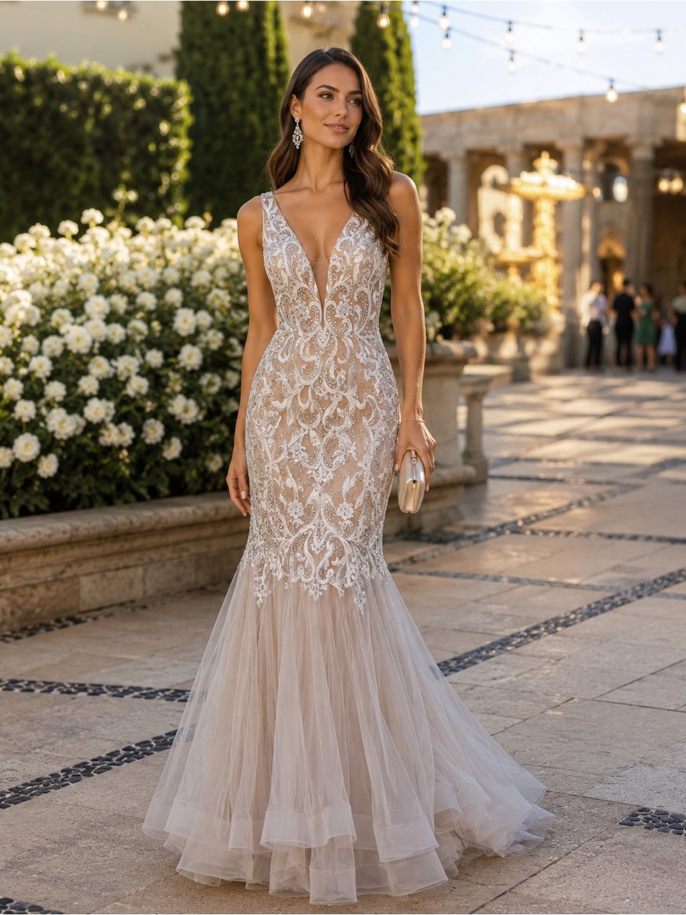 Camille La Vie Ivory-Beige Lace Tulle Mermaid Gown